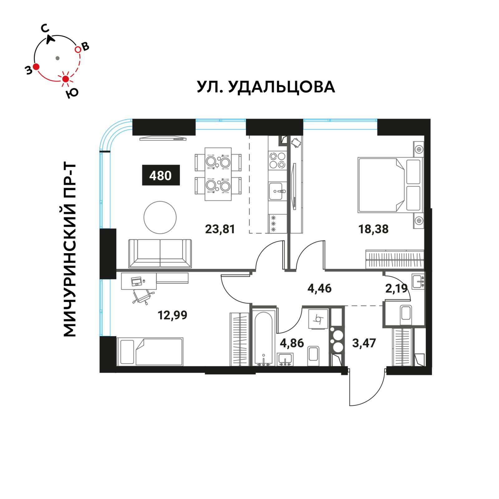 3-комнатная квартира без отделки, 70.68 м2, 15 этаж, дом сдан, ЖК Инноватор, корпус Б - объявление 2416578 - фото №1