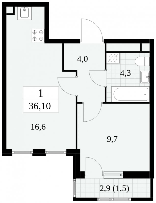 1-комнатная квартира без отделки, 36.1 м2, 6 этаж, сдача 2 квартал 2025 г., ЖК Южные сады, корпус 2.4 - объявление 1760202 - фото №1