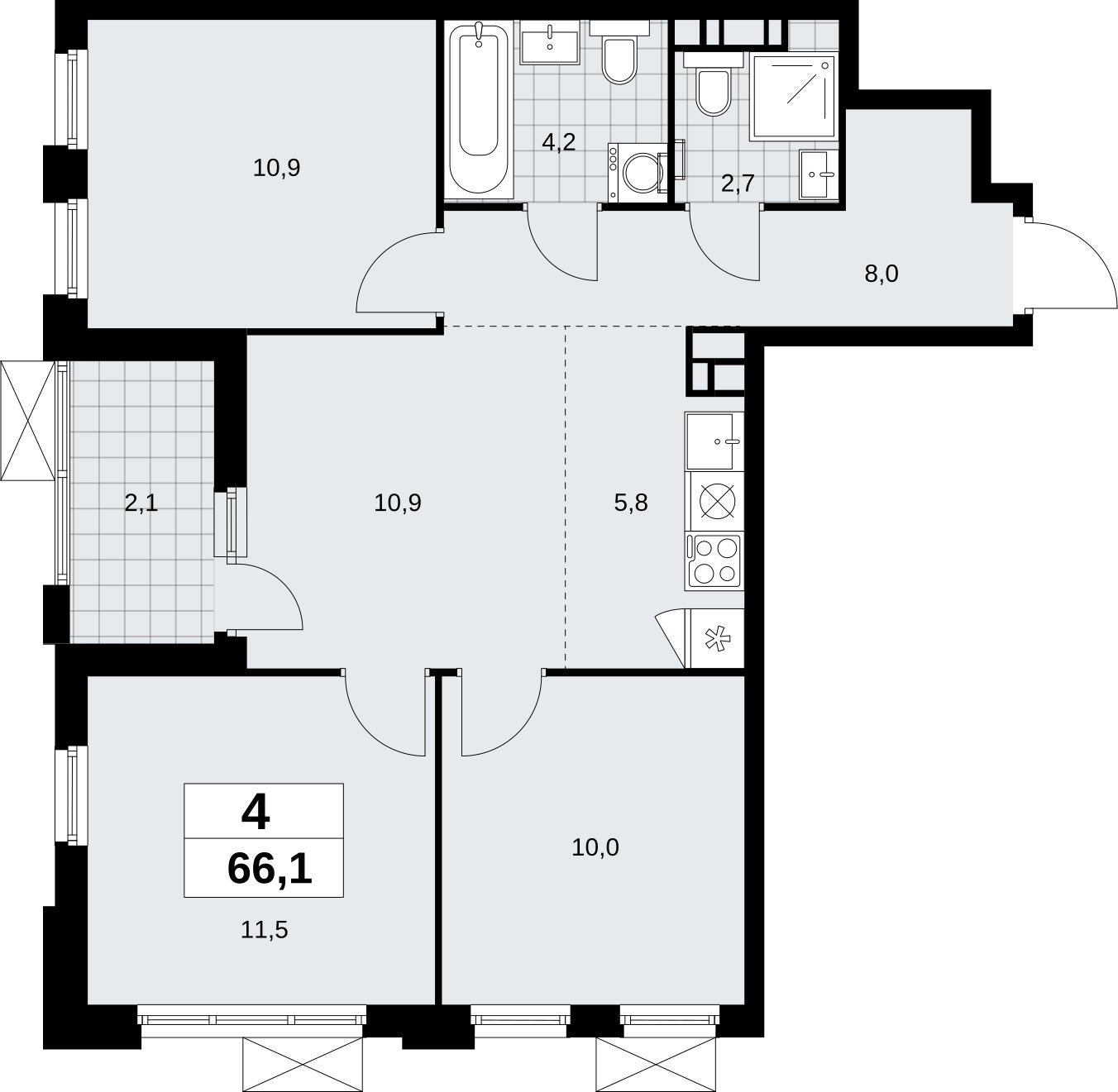4-комнатная квартира (евро) без отделки, 66.1 м2, 14 этаж, сдача 4 квартал 2026 г., ЖК Скандинавия, корпус 2.18.1.3 - объявление 2350869 - фото №1