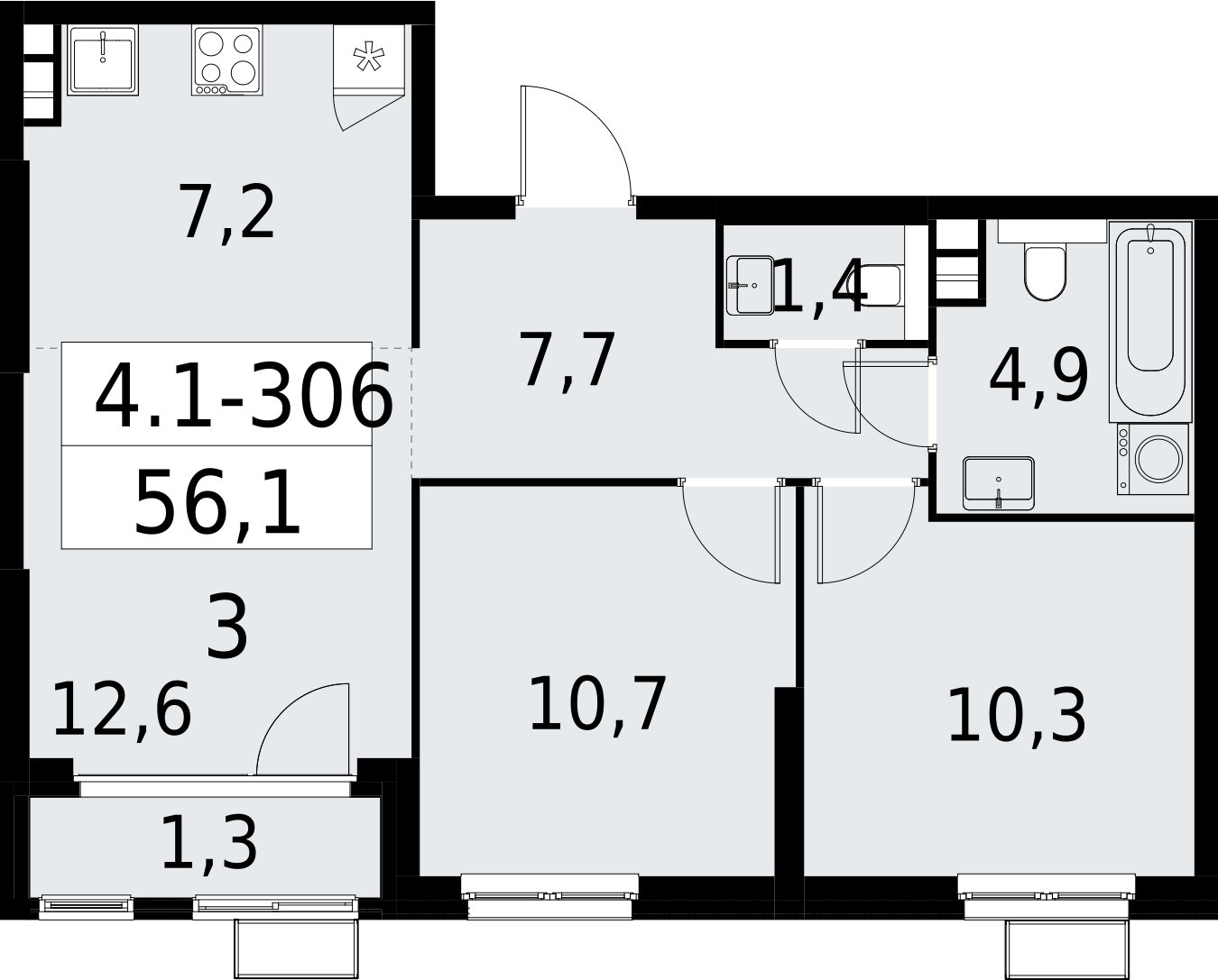 3-комнатная квартира (евро) с полной отделкой, 56.1 м2, 9 этаж, сдача 2 квартал 2027 г., ЖК Южные сады, корпус 4.1.2 - объявление 2392814 - фото №1