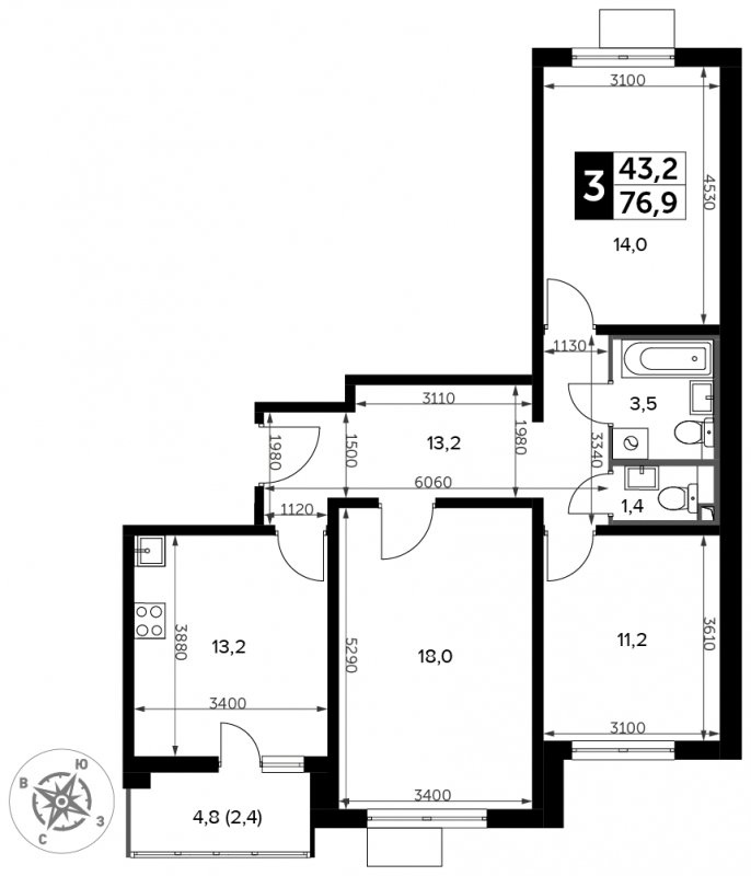 3-комнатная квартира с частичной отделкой, 76.9 м2, 2 этаж, сдача 3 квартал 2023 г., ЖК Южная Битца, корпус 12 - объявление 1670663 - фото №1