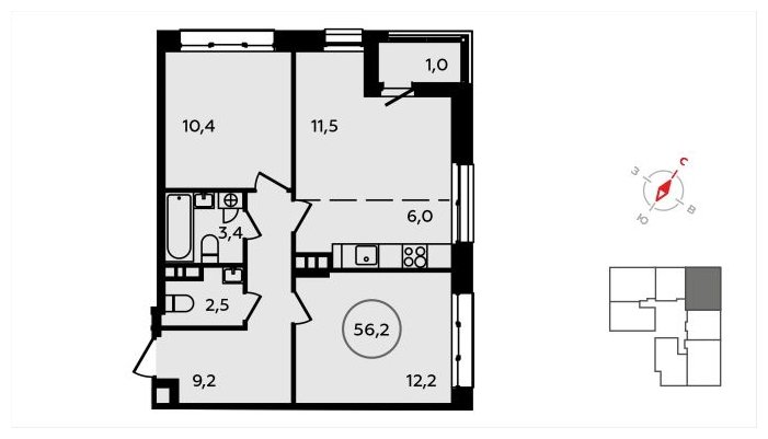 3-комнатная квартира без отделки, 56.2 м2, 3 этаж, сдача 3 квартал 2024 г., ЖК Скандинавия, корпус 22.2 - объявление 1625467 - фото №1