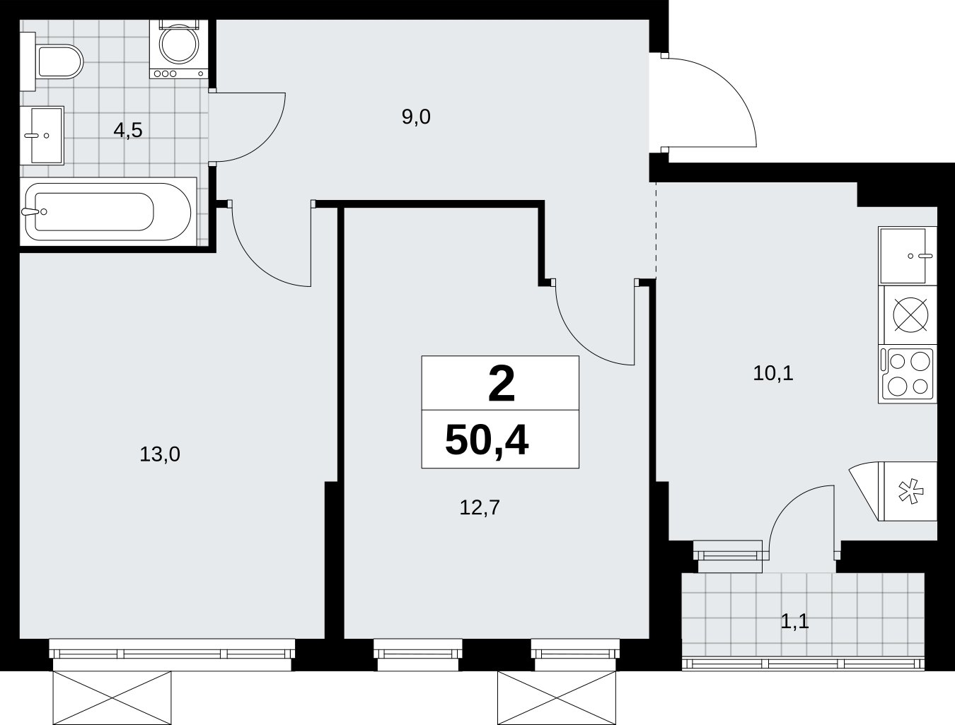 2-комнатная квартира без отделки, 50.4 м2, 7 этаж, сдача 2 квартал 2026 г., ЖК Дзен-кварталы, корпус 6.1.1 - объявление 2327161 - фото №1