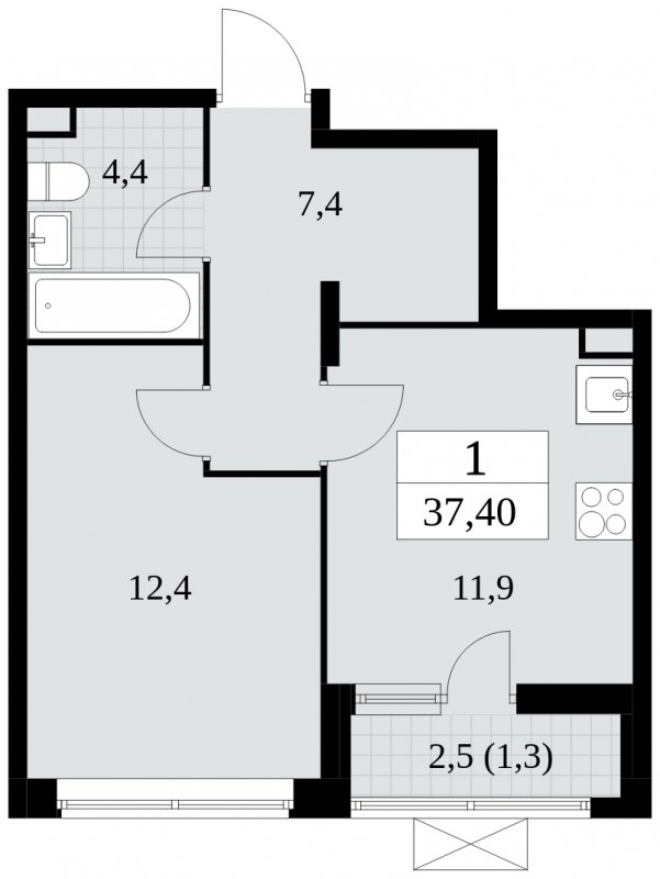 1-комнатная квартира без отделки, 37.4 м2, 3 этаж, сдача 3 квартал 2024 г., ЖК Прокшино, корпус 8.4 - объявление 1684051 - фото №1