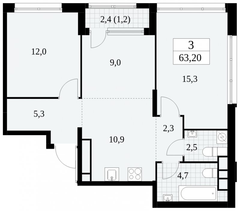 3-комнатная квартира (евро) с частичной отделкой, 63.2 м2, 28 этаж, сдача 2 квартал 2025 г., ЖК Южные сады, корпус 2.1 - объявление 1760073 - фото №1