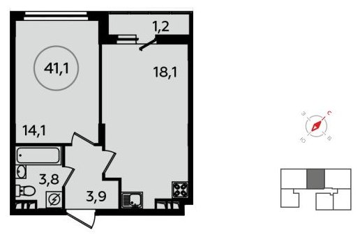 1-комнатная квартира без отделки, 41.1 м2, 6 этаж, сдача 1 квартал 2022 г., ЖК Скандинавия, корпус 13.1 - объявление 1411955 - фото №1
