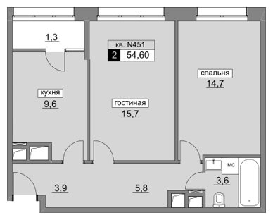2-комнатная квартира без отделки, 54.6 м2, 13 этаж, сдача 4 квартал 2022 г., ЖК Румянцево-Парк, корпус 3 - объявление 1187120 - фото №1