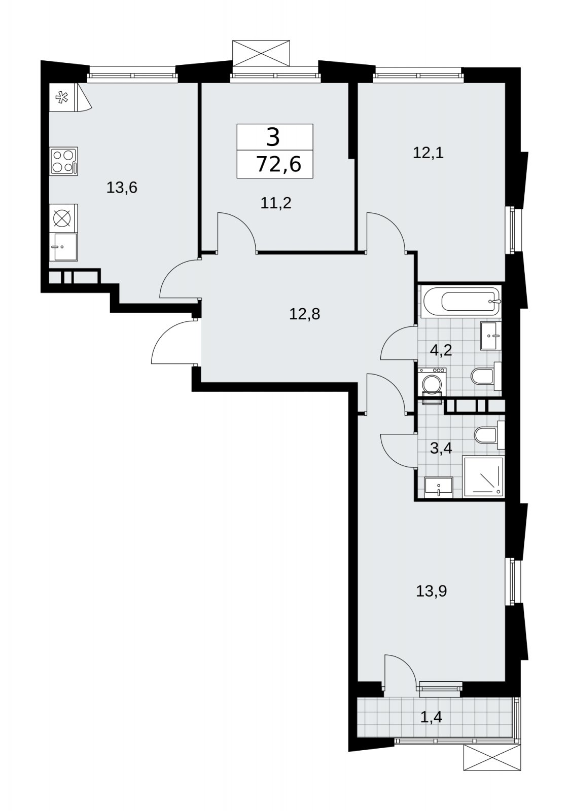 3-комнатная квартира с частичной отделкой, 72.6 м2, 19 этаж, сдача 1 квартал 2026 г., ЖК Прокшино, корпус 11.1.3 - объявление 2257451 - фото №1