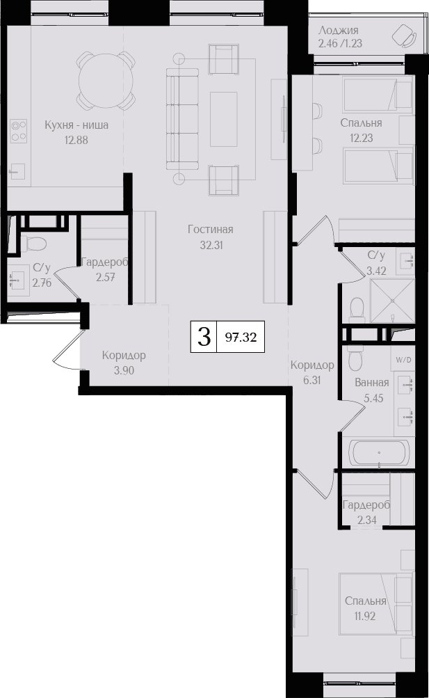 3-комнатная квартира (евро) без отделки, 98.4 м2, 4 этаж, сдача 3 квартал 2024 г., ЖК Преображенская площадь, корпус 2 - объявление 2266305 - фото №1