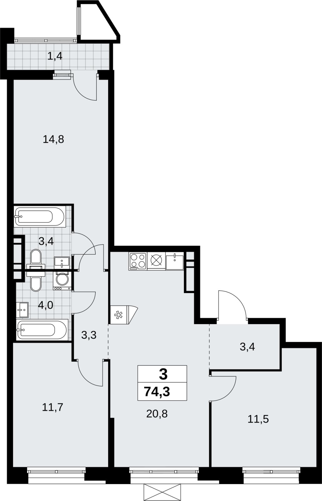 3-комнатная квартира без отделки, 74.3 м2, 10 этаж, сдача 1 квартал 2027 г., ЖК Прокшино, корпус 7.1.1 - объявление 2421852 - фото №1