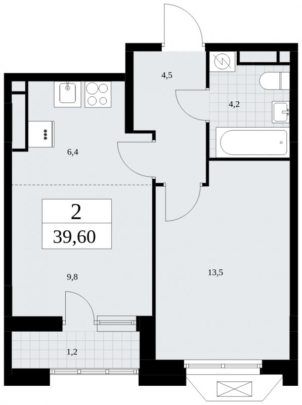 2-комнатная квартира (евро) с частичной отделкой, 39.6 м2, 16 этаж, сдача 4 квартал 2024 г., ЖК Бунинские кварталы, корпус 1.2 - объявление 1834396 - фото №1