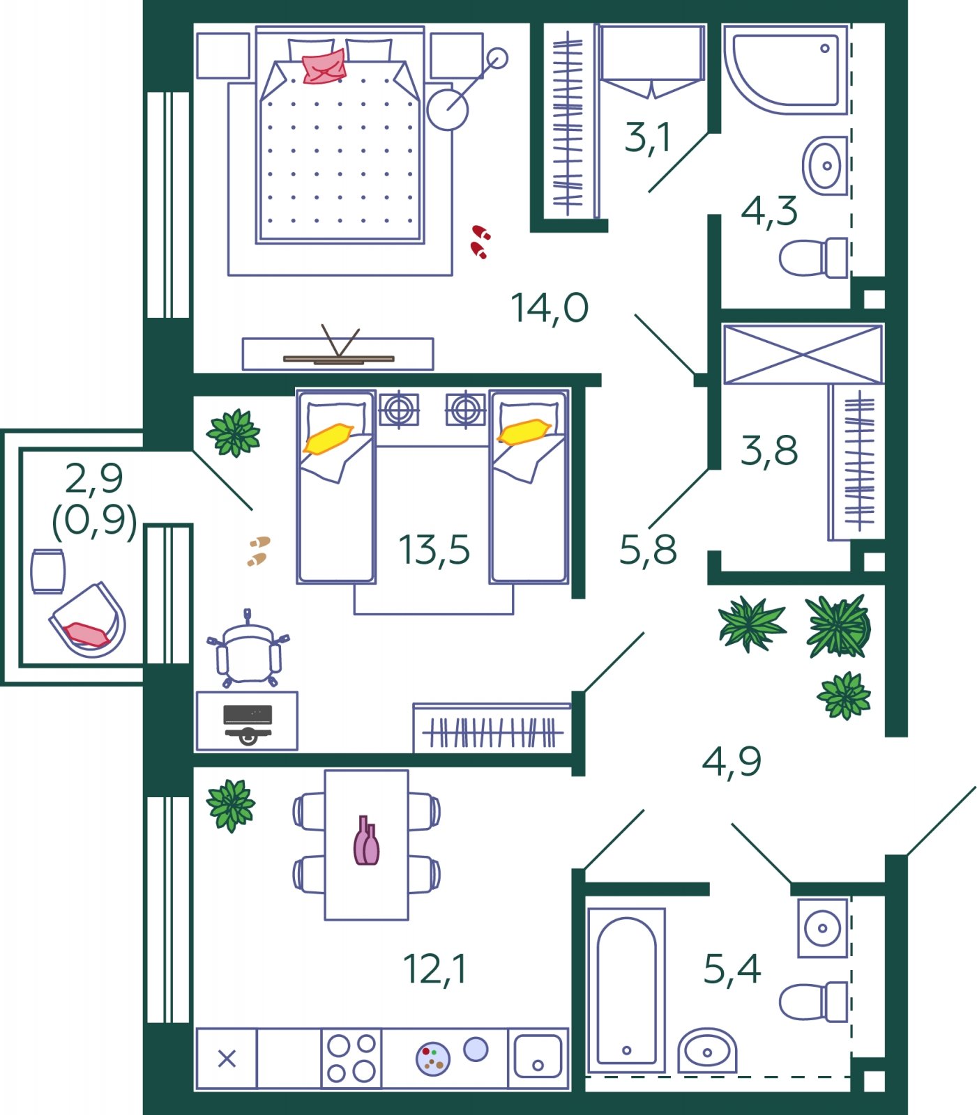 2-комнатная квартира без отделки, 67.8 м2, 14 этаж, сдача 1 квартал 2024 г., ЖК SHAGAL, корпус 1.7 - объявление 1981749 - фото №1