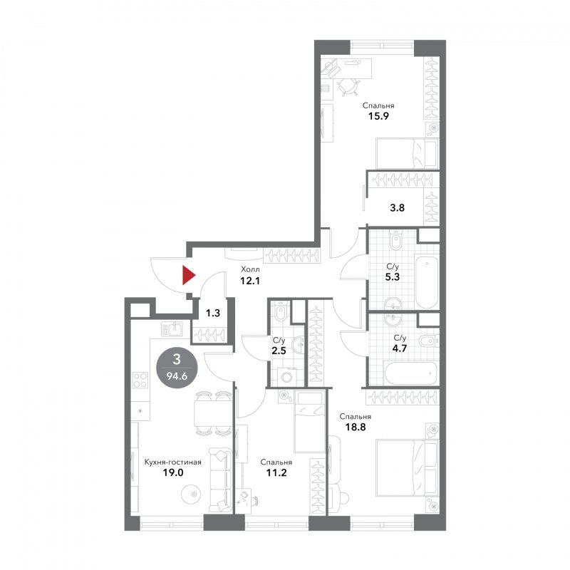 3-комнатная квартира без отделки, 94.6 м2, 3 этаж, сдача 3 квартал 2025 г., ЖК VOXHALL, корпус 2 - объявление 1806115 - фото №1
