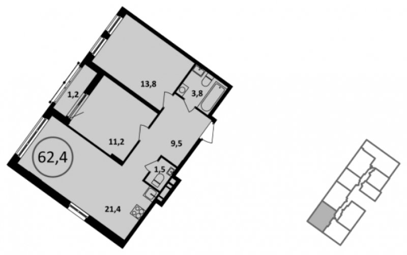 2-комнатная квартира без отделки, 62.2 м2, 12 этаж, дом сдан, ЖК Испанские кварталы, корпус 5.4 - объявление 1812941 - фото №1