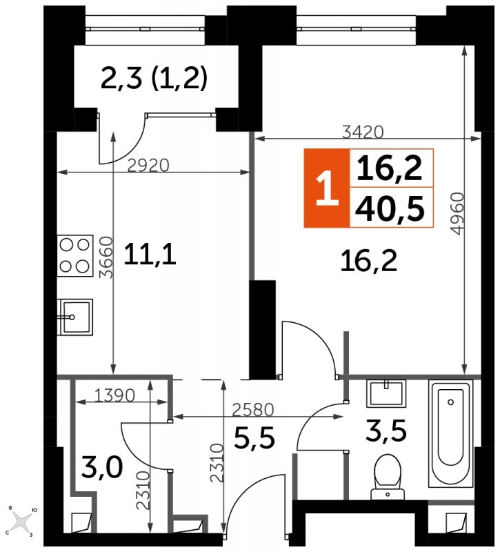 1-комнатная квартира с частичной отделкой, 40.5 м2, 6 этаж, сдача 1 квартал 2023 г., ЖК Sydney City, корпус 3 - объявление 1569030 - фото №1
