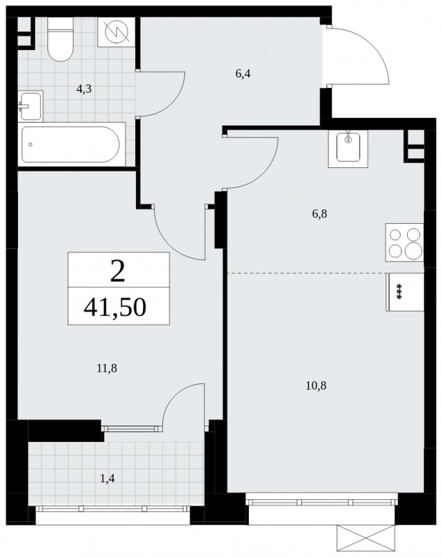 2-комнатная квартира (евро) с частичной отделкой, 41.5 м2, 3 этаж, сдача 4 квартал 2024 г., ЖК Бунинские кварталы, корпус 1.1 - объявление 1834185 - фото №1