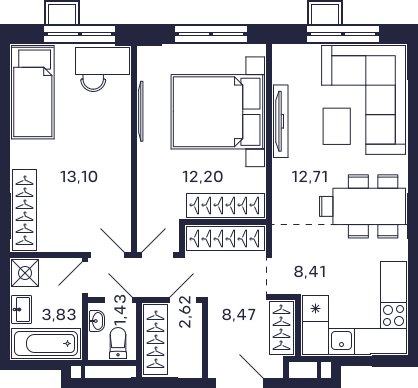 2-комнатная квартира с частичной отделкой, 59.38 м2, 11 этаж, сдача 2 квартал 2025 г., ЖК Квартал Тетрис, корпус "Квартал Тетрис 2.2" - объявление 2379003 - фото №1