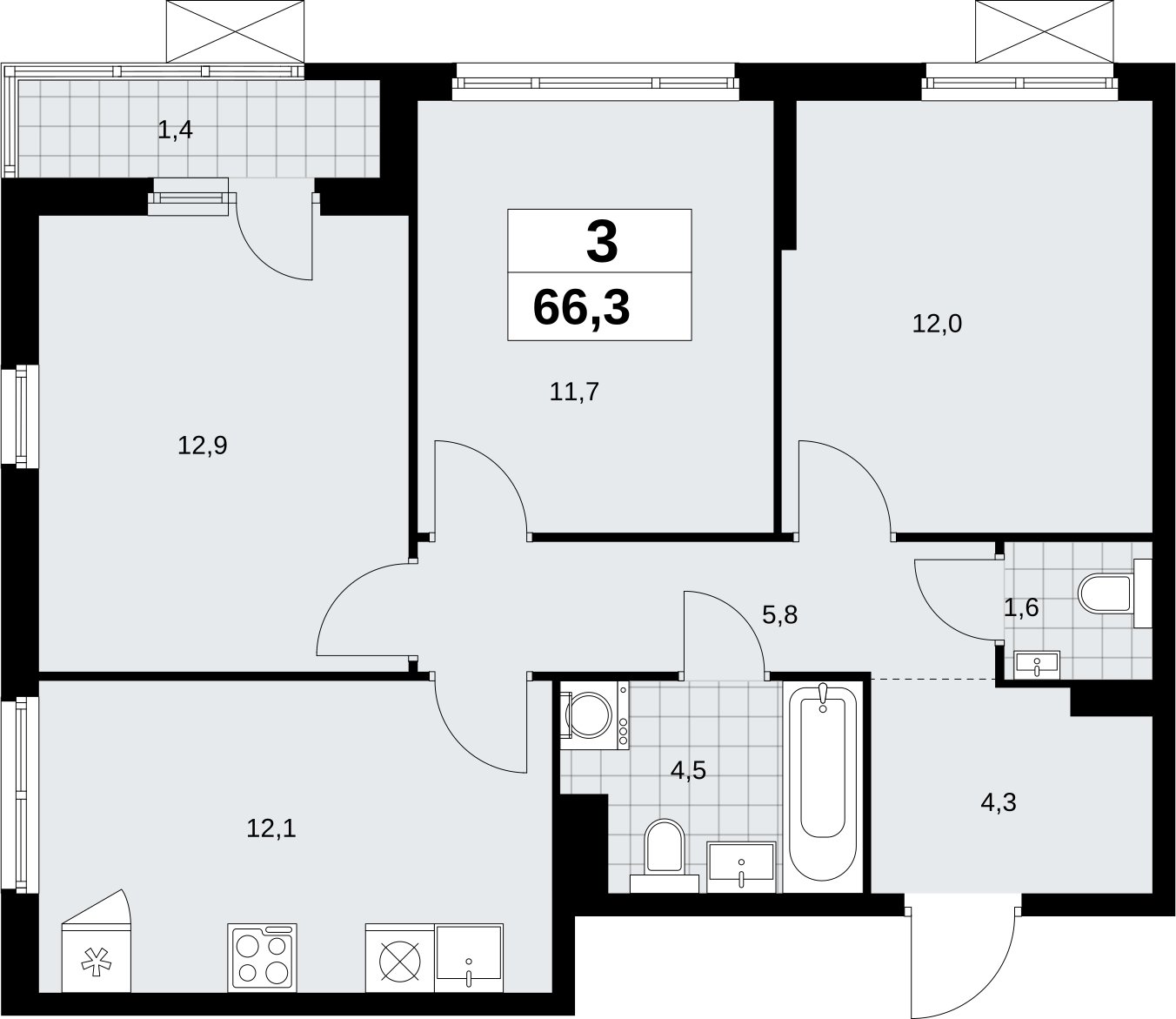 3-комнатная квартира без отделки, 66.3 м2, 6 этаж, сдача 2 квартал 2026 г., ЖК Дзен-кварталы, корпус 6.1.1 - объявление 2326963 - фото №1