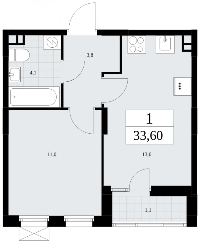 1-комнатная квартира без отделки, 33.6 м2, 3 этаж, сдача 2 квартал 2025 г., ЖК Дзен-кварталы, корпус 2.4 - объявление 1932741 - фото №1