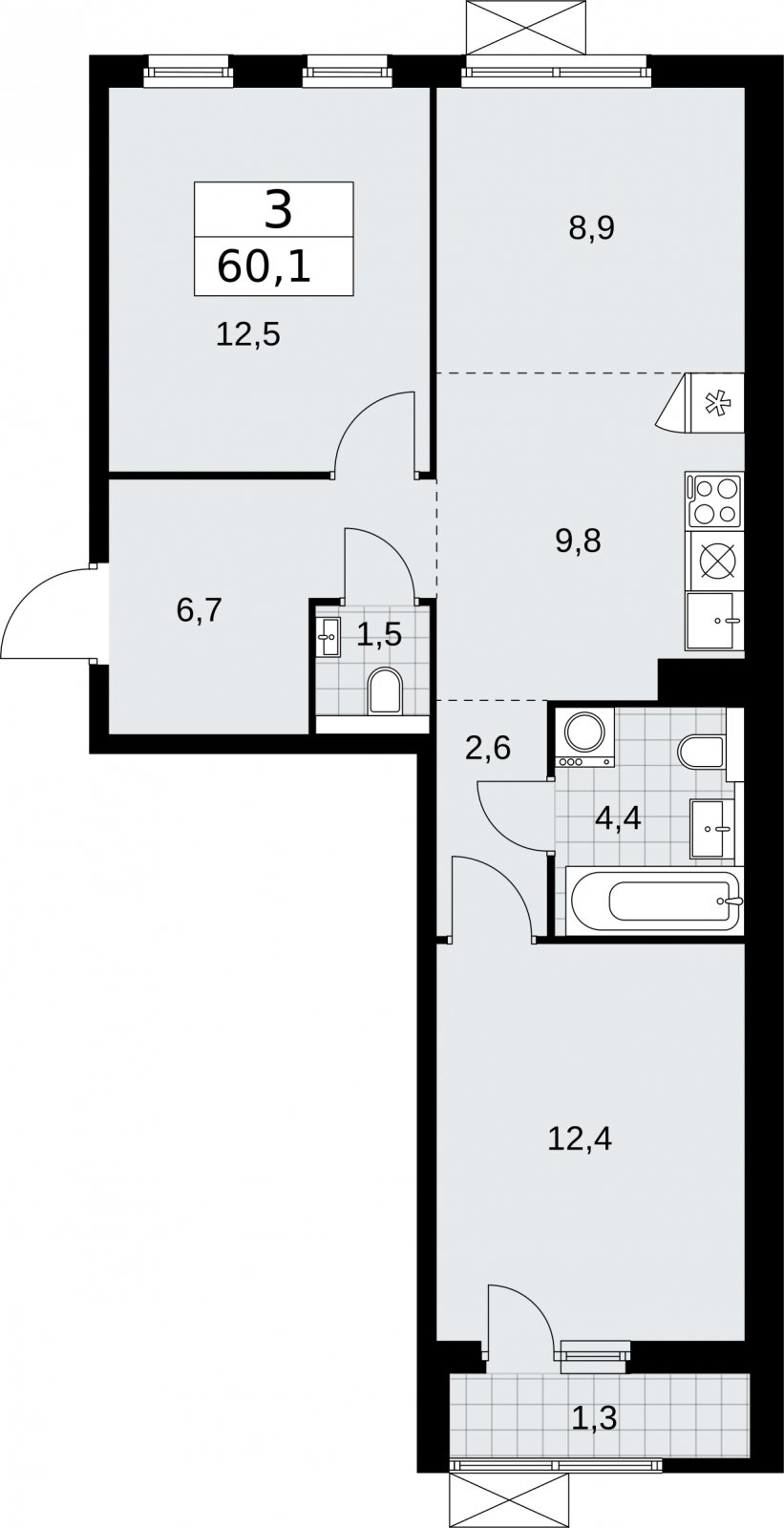 3-комнатная квартира (евро) без отделки, 60.1 м2, 3 этаж, сдача 2 квартал 2026 г., ЖК Бунинские кварталы, корпус 7.3 - объявление 2313899 - фото №1