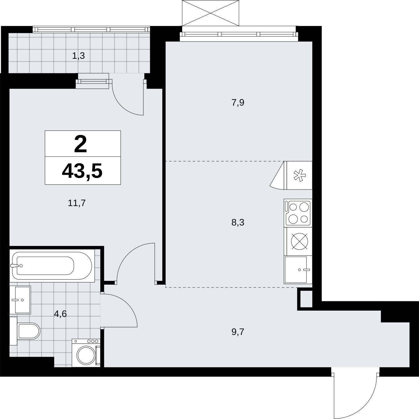 2-комнатная квартира (евро) без отделки, 43.5 м2, 2 этаж, сдача 1 квартал 2026 г., ЖК Дзен-кварталы, корпус 6.2.1 - объявление 2328342 - фото №1