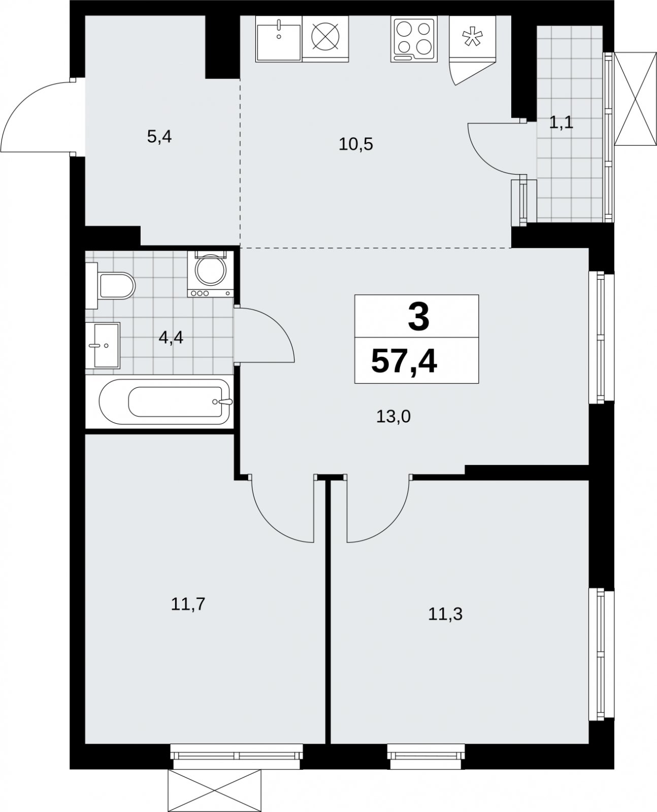 3-комнатная квартира (евро) без отделки, 57.4 м2, 8 этаж, сдача 2 квартал 2026 г., ЖК Дзен-кварталы, корпус 6.1.1 - объявление 2327173 - фото №1