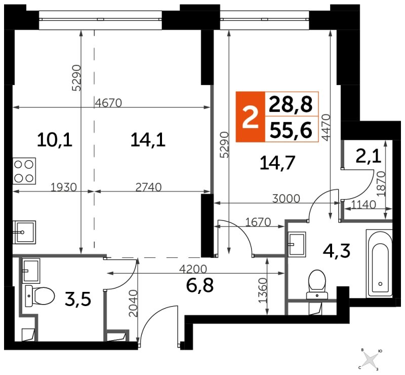 2-комнатная квартира с частичной отделкой, 55.6 м2, 10 этаж, сдача 1 квартал 2023 г., ЖК Sydney City, корпус 3 - объявление 1580509 - фото №1