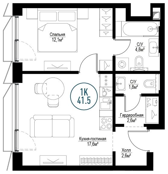 1-комнатная квартира с частичной отделкой, 41.5 м2, 3 этаж, сдача 3 квартал 2024 г., ЖК Метрополия, корпус Barcelona - объявление 1786704 - фото №1