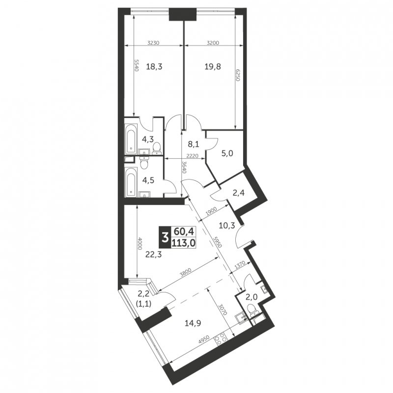 3-комнатная квартира с частичной отделкой, 113 м2, 23 этаж, сдача 4 квартал 2023 г., ЖК Архитектор, корпус 3 - объявление 1566126 - фото №1