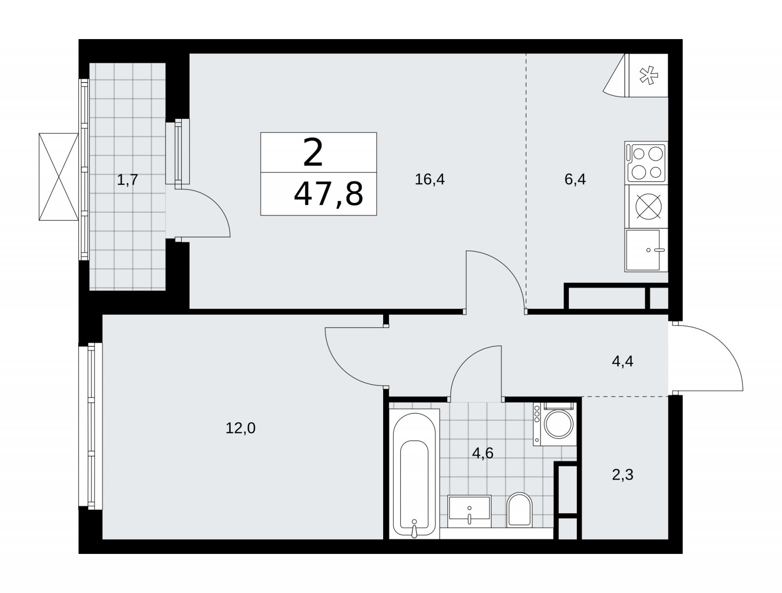 2-комнатная квартира (евро) без отделки, 47.8 м2, 12 этаж, сдача 1 квартал 2026 г., ЖК Прокшино, корпус 11.2.2 - объявление 2270138 - фото №1