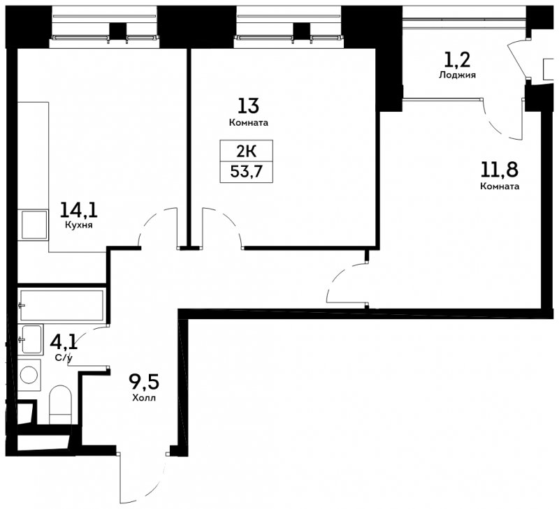 2-комнатная квартира без отделки, 53.7 м2, 13 этаж, сдача 4 квартал 2022 г., ЖК Квартал на набережной NOW, корпус 1.4 - объявление 1753377 - фото №1