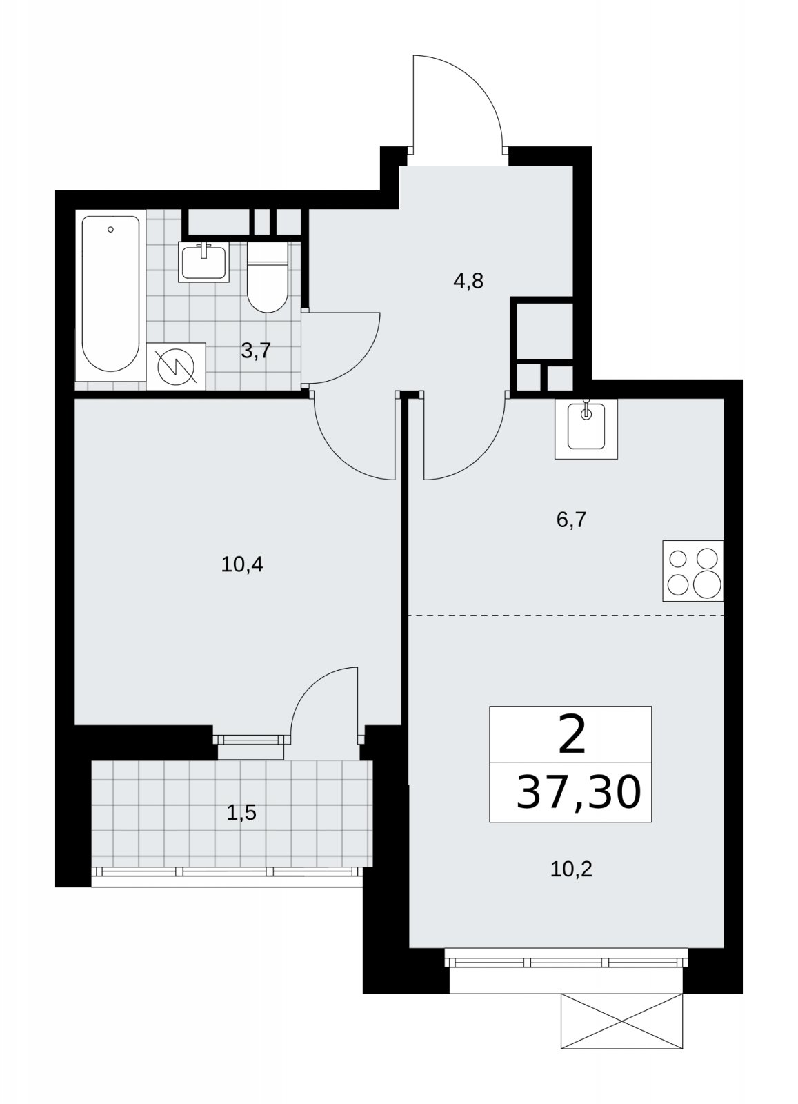 2-комнатная квартира (евро) без отделки, 37.3 м2, 15 этаж, сдача 3 квартал 2025 г., ЖК Бунинские кварталы, корпус 3.2 - объявление 2151932 - фото №1