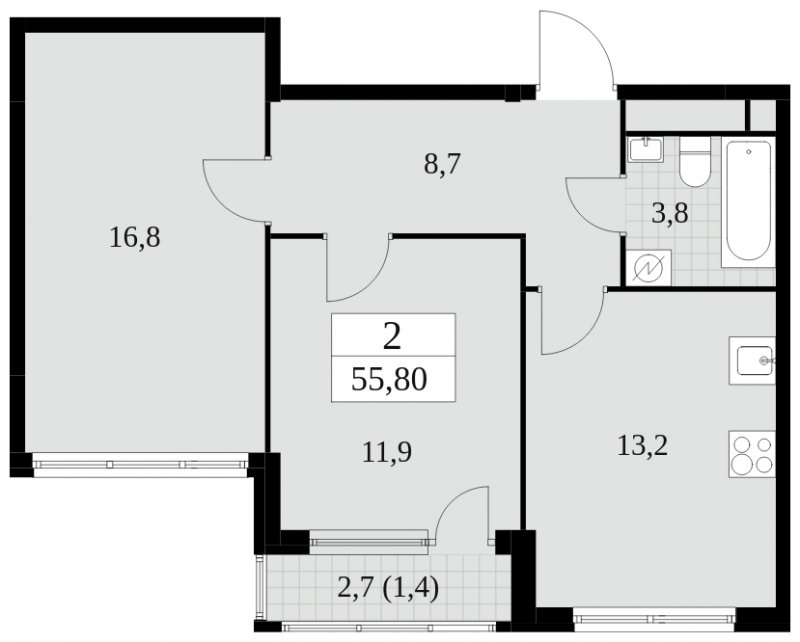 2-комнатная квартира без отделки, 55.8 м2, 29 этаж, сдача 2 квартал 2025 г., ЖК Южные сады, корпус 2.3 - объявление 1758286 - фото №1