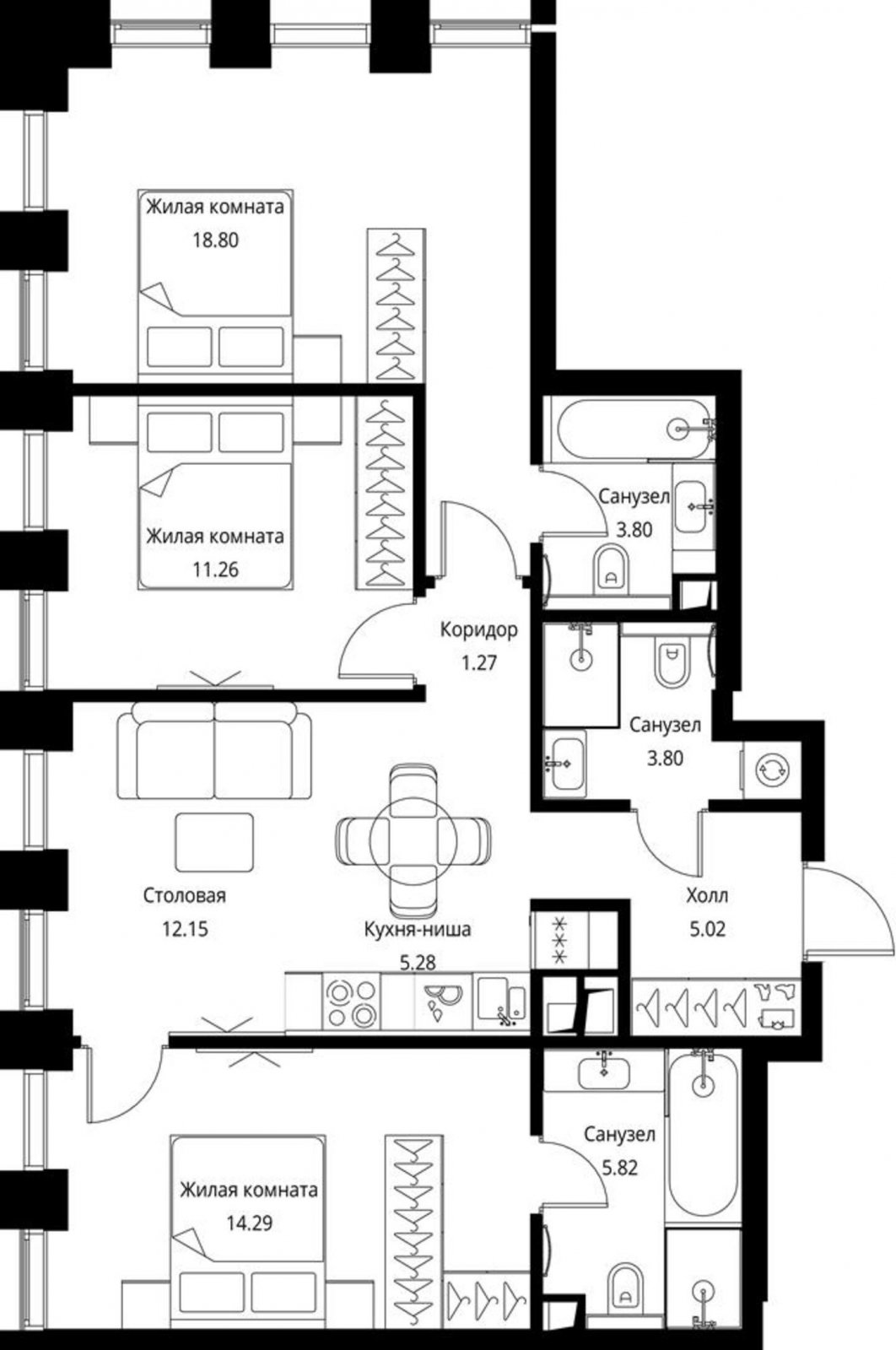 3-комнатная квартира с частичной отделкой, 81.49 м2, 3 этаж, сдача 3 квартал 2026 г., ЖК City Bay, корпус North Ocean 2 - объявление 2240660 - фото №1