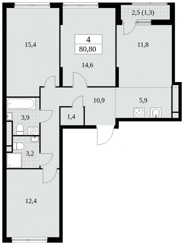 4-комнатная квартира (евро) без отделки, 80.8 м2, 12 этаж, сдача 2 квартал 2025 г., ЖК Южные сады, корпус 2.3 - объявление 1758089 - фото №1