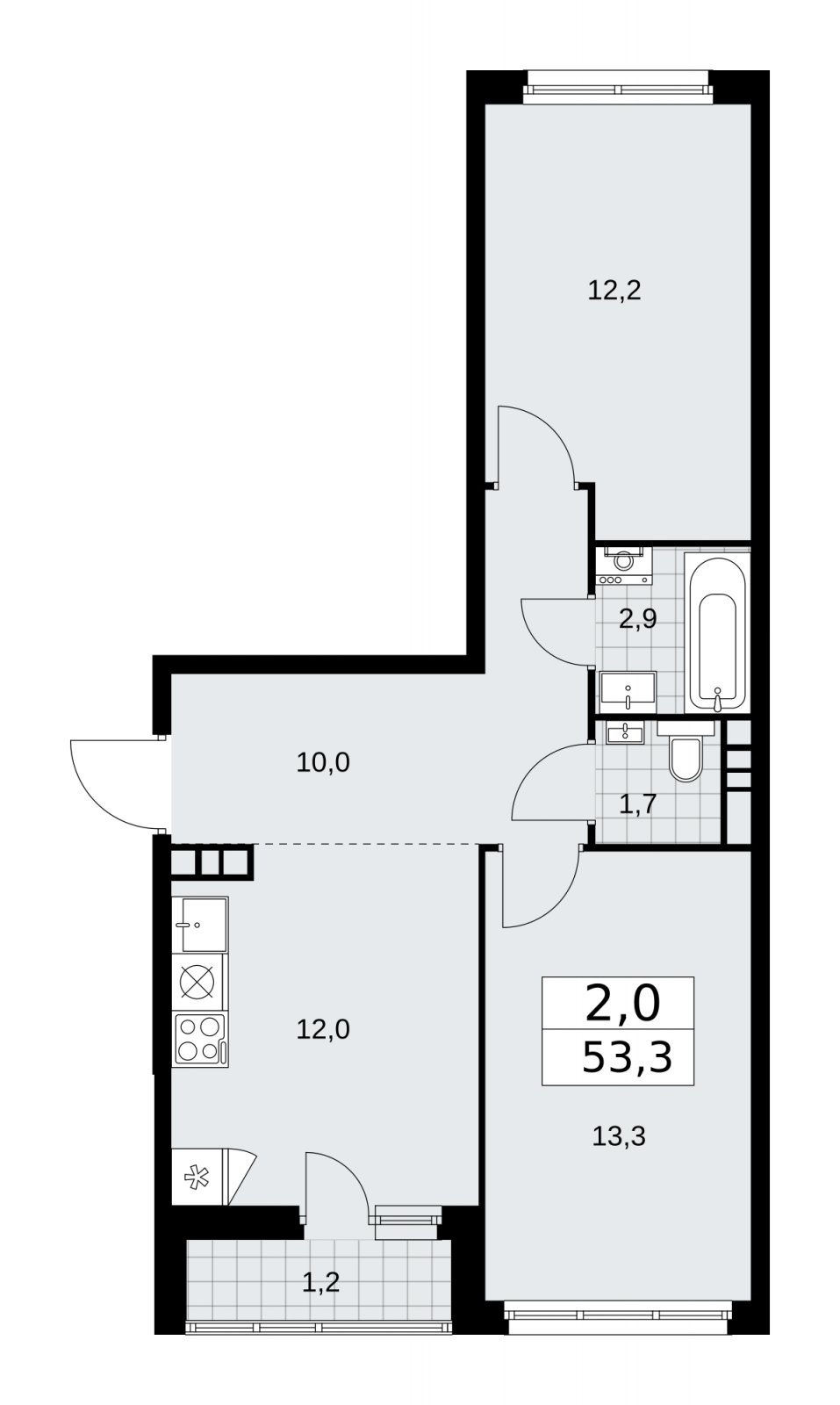 2-комнатная квартира с частичной отделкой, 53.3 м2, 9 этаж, сдача 2 квартал 2026 г., ЖК Дзен-кварталы, корпус 3.4 - объявление 2242023 - фото №1