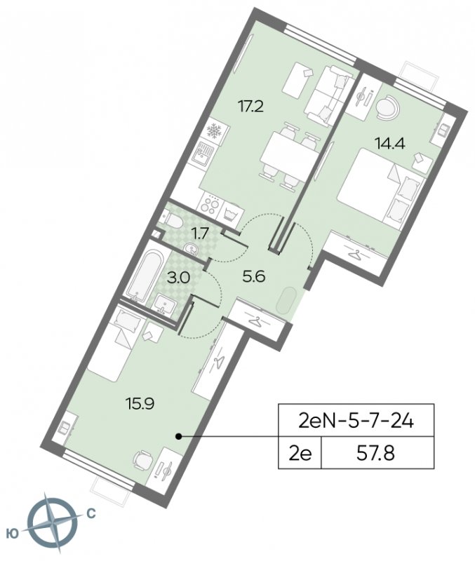 2-комнатная квартира с полной отделкой, 58.9 м2, 13 этаж, сдача 3 квартал 2024 г., ЖК Лучи, корпус 15 - объявление 1943660 - фото №1