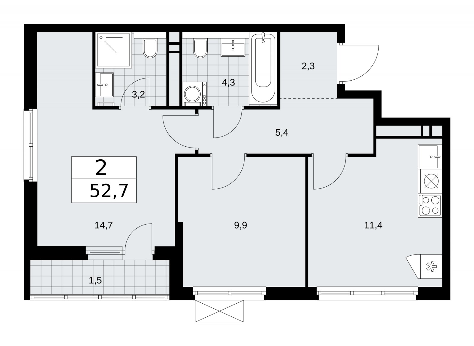 2-комнатная квартира без отделки, 52.7 м2, 13 этаж, сдача 1 квартал 2026 г., ЖК Прокшино, корпус 11.2.1 - объявление 2269827 - фото №1
