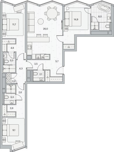 3-комнатная квартира без отделки, 103.9 м2, 16 этаж, сдача 1 квартал 2025 г., ЖК Береговой, корпус 2.1 - объявление 2237968 - фото №1