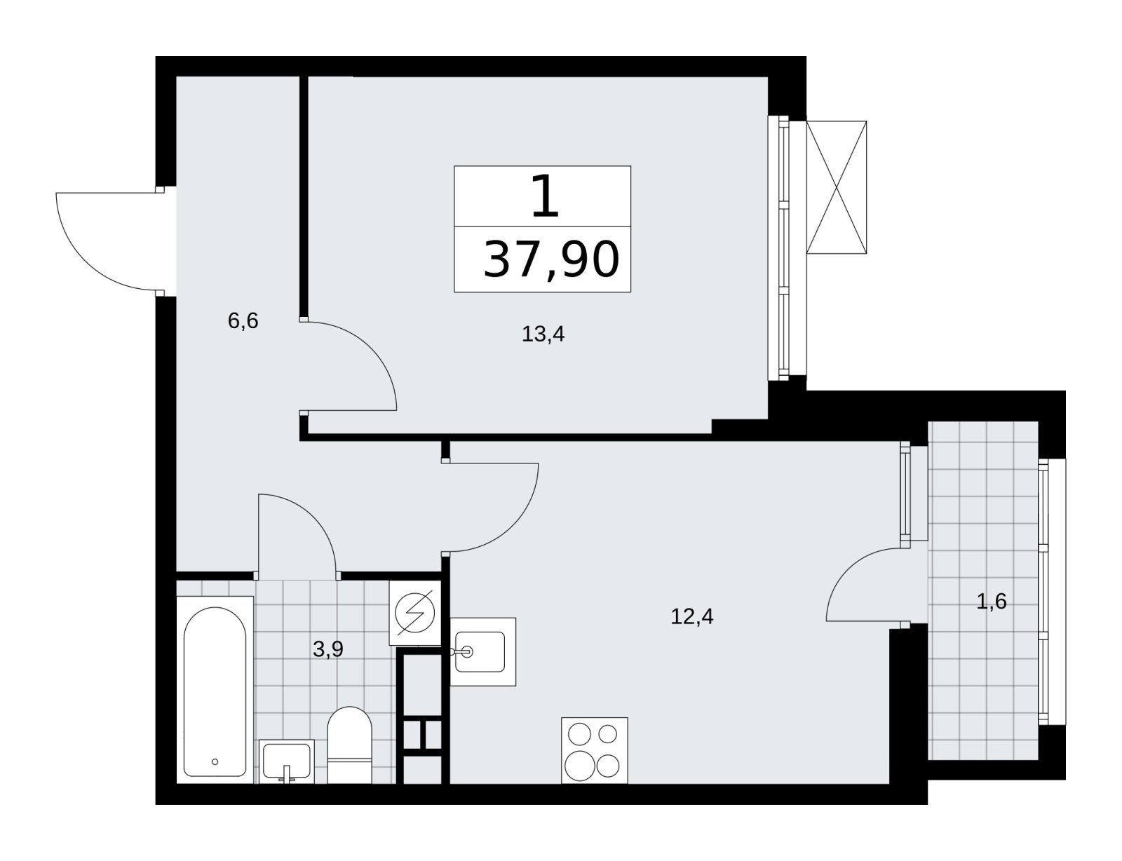 1-комнатная квартира без отделки, 37.9 м2, 6 этаж, сдача 3 квартал 2025 г., ЖК Бунинские кварталы, корпус 3.2 - объявление 2151848 - фото №1