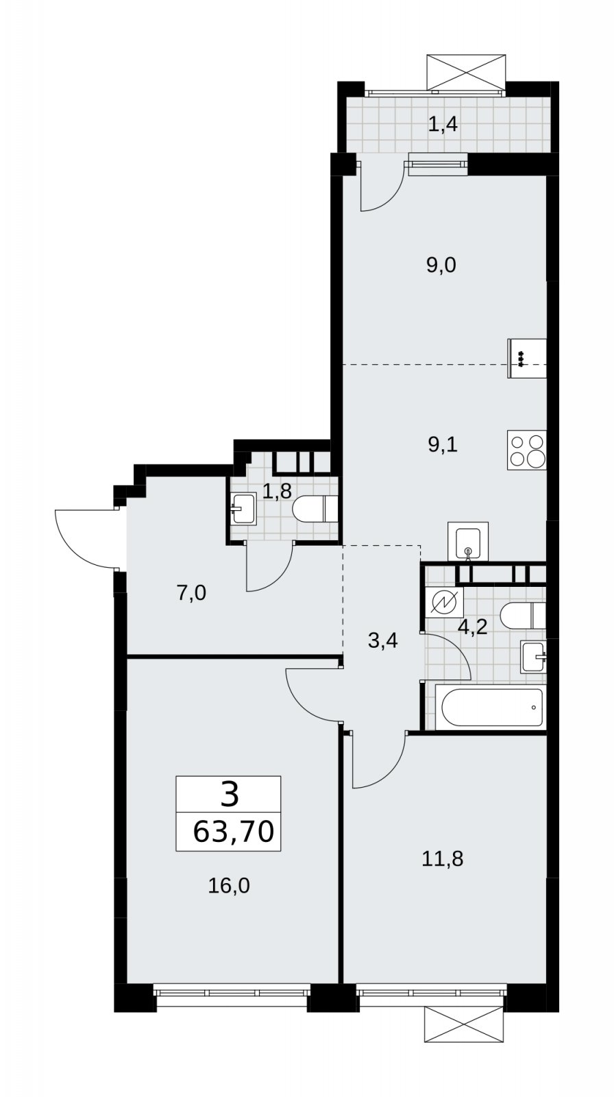 3-комнатная квартира (евро) без отделки, 63.7 м2, 6 этаж, сдача 3 квартал 2025 г., ЖК Скандинавия, корпус 28.1 - объявление 2201961 - фото №1