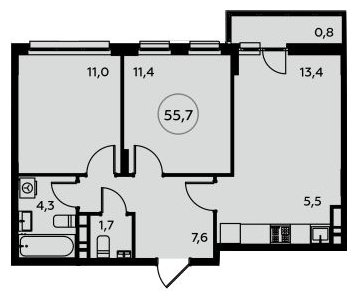 3-комнатная квартира (евро) без отделки, 55.7 м2, 7 этаж, сдача 4 квартал 2022 г., ЖК Белые ночи, корпус 3.2 - объявление 1750213 - фото №1