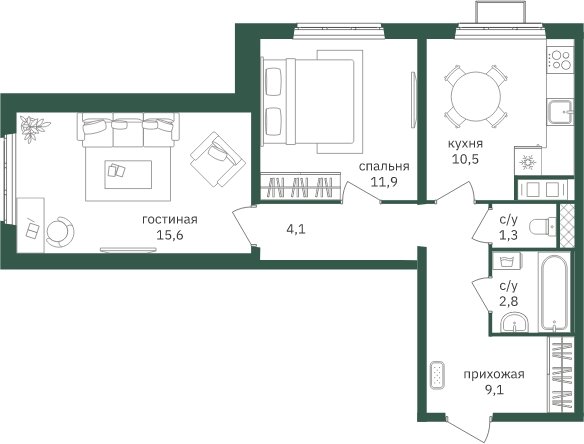 2-комнатная квартира с полной отделкой, 55.7 м2, 11 этаж, дом сдан, ЖК Зеленая Вертикаль, корпус 2 - объявление 2073200 - фото №1