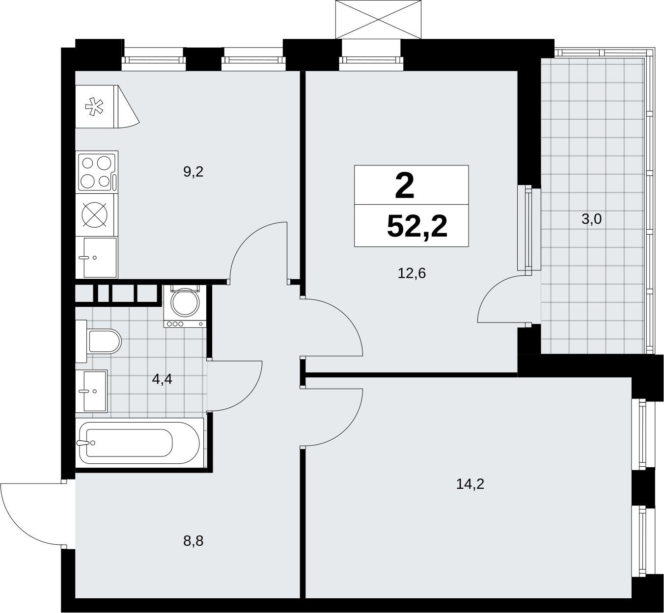 2-комнатная квартира без отделки, 52.2 м2, 9 этаж, сдача 4 квартал 2026 г., ЖК Скандинавия, корпус 2.18.1.3 - объявление 2350813 - фото №1