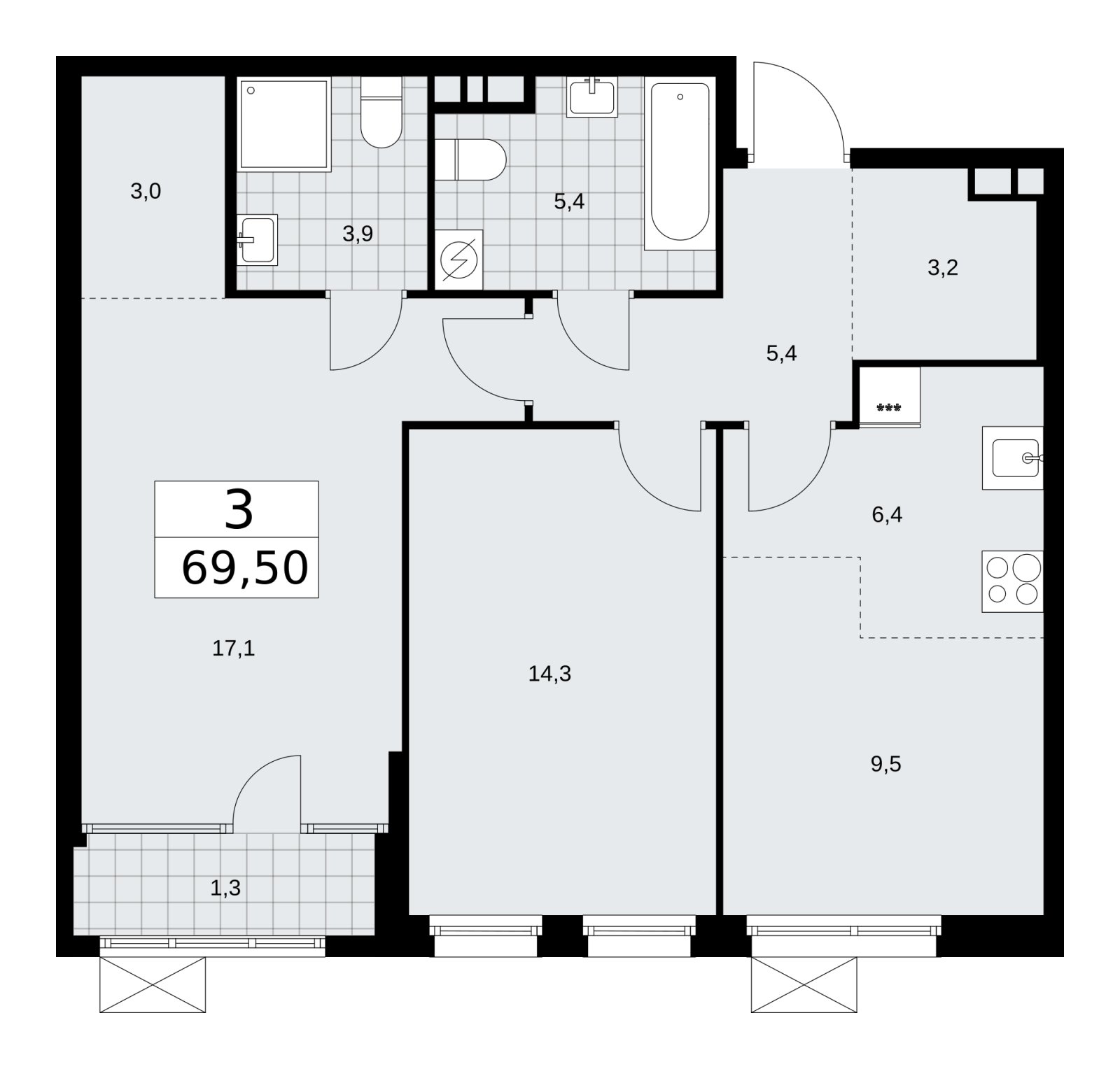 3-комнатная квартира (евро) с частичной отделкой, 69.5 м2, 4 этаж, сдача 1 квартал 2026 г., ЖК Дом на Зорге, корпус 25 - объявление 2221170 - фото №1