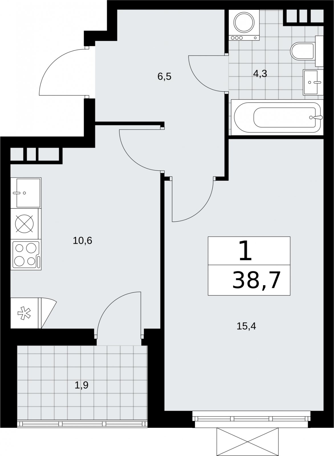 1-комнатная квартира без отделки, 38.7 м2, 14 этаж, сдача 2 квартал 2026 г., ЖК Бунинские кварталы, корпус 5.3 - объявление 2297616 - фото №1