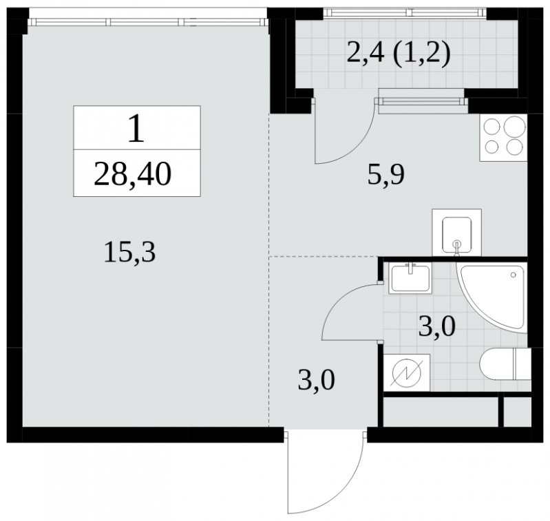 Студия с частичной отделкой, 28.4 м2, 27 этаж, сдача 2 квартал 2025 г., ЖК Южные сады, корпус 2.2 - объявление 1757660 - фото №1
