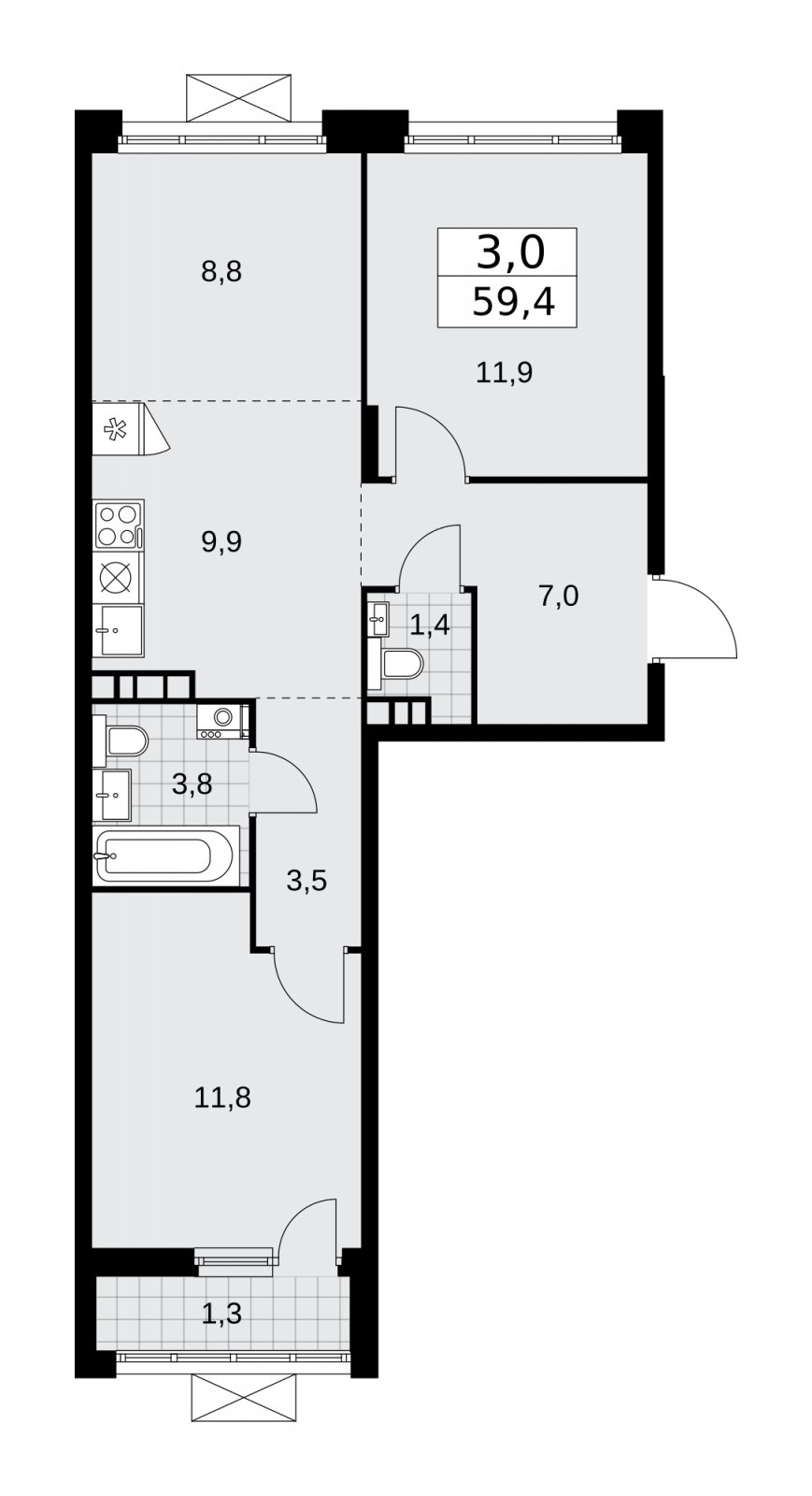 3-комнатная квартира (евро) без отделки, 59.4 м2, 11 этаж, сдача 1 квартал 2026 г., ЖК Прокшино, корпус 10.1.1 - объявление 2226883 - фото №1
