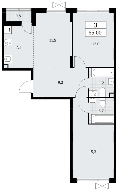 3-комнатная квартира (евро) без отделки, 65 м2, 2 этаж, сдача 1 квартал 2025 г., ЖК Дзен-кварталы, корпус 1.4 - объявление 1896114 - фото №1