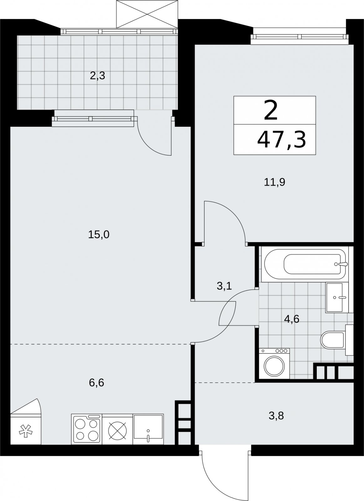 2-комнатная квартира (евро) без отделки, 47.3 м2, 7 этаж, сдача 2 квартал 2026 г., ЖК Бунинские кварталы, корпус 5.2 - объявление 2297351 - фото №1